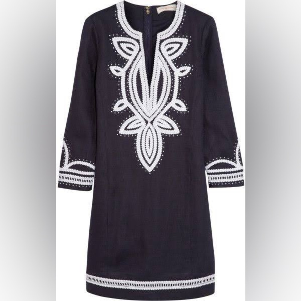 Navy and White Embroidered Women's Tory Burch Shift Dress - Linen